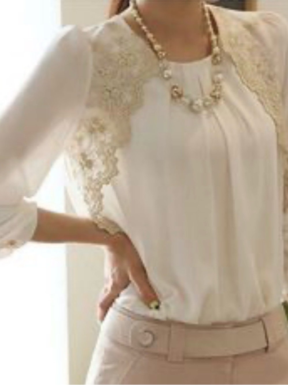 Sheer, Gold Lace-Trim Blouse - Ecru
